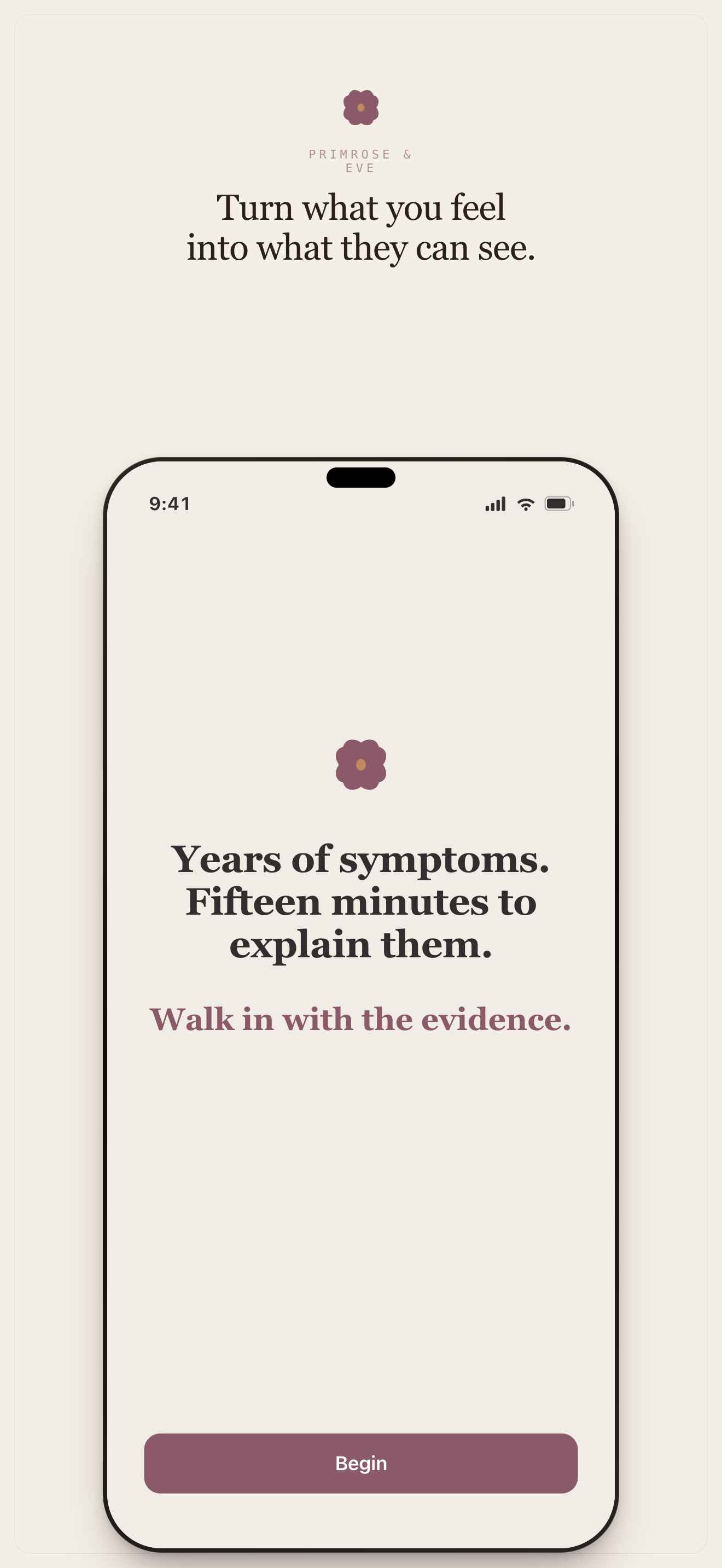 Primrose & Eve onboarding screen — Years of symptoms. Fifteen minutes to explain them. Walk in with the evidence.