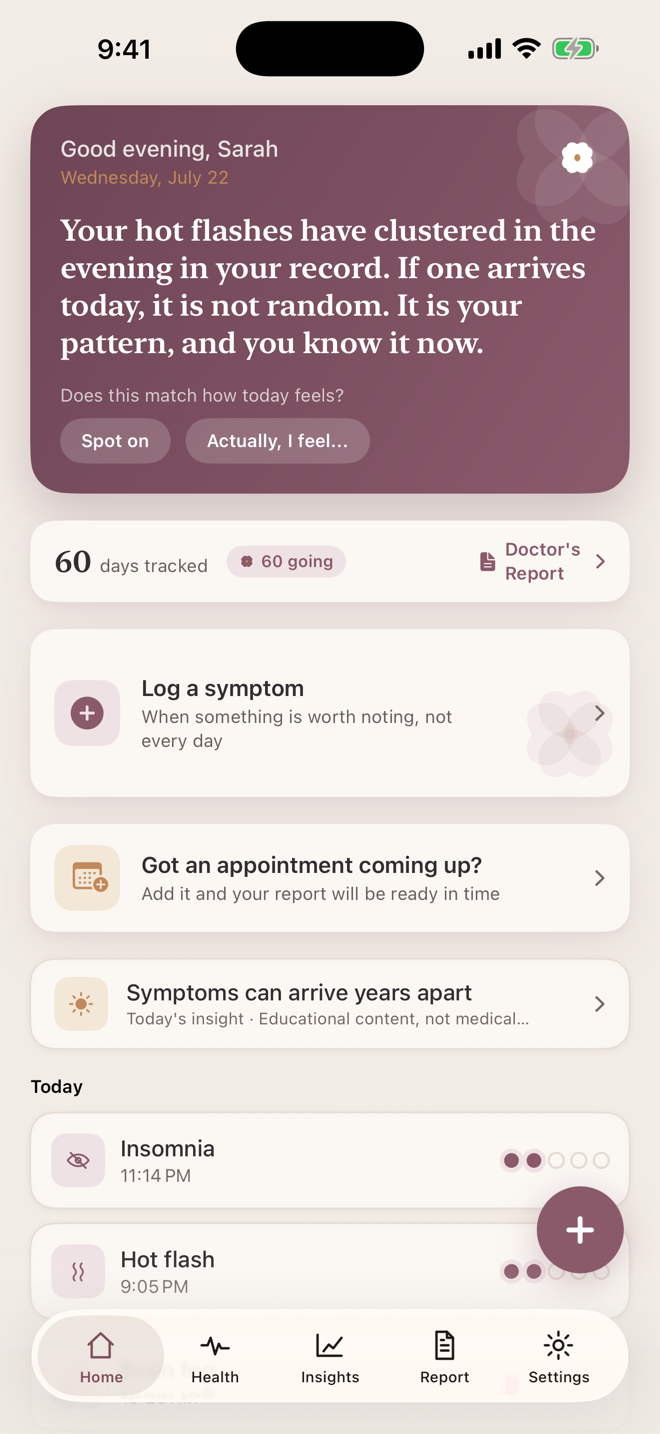 Primrose & Eve home screen — Today's Context card reading recent sleep, cycle position, and personal patterns